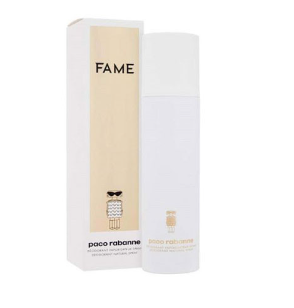 Paco Rabanne FAME Eau de Toilette bottle and its packaging box, featuring a minimalist white and beige design with an owl illustration.
