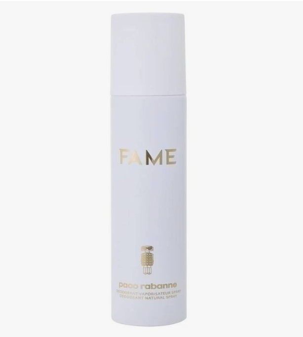 A white cylindrical bottle of Pura Rabanne FAME perfume spray with gold lettering, centered on a light gray background.