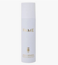 A white cylindrical bottle of Pura Rabanne FAME perfume spray with gold lettering, centered on a light gray background.