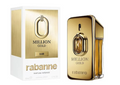 A bottle of Rabanne Million Gold Parfum Intense next to its white and gold packaging box, featuring a metallic gold design with the Rabanne and Million Gold branding.