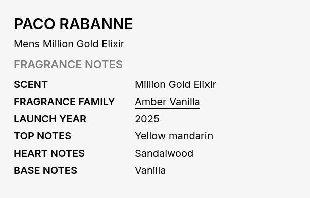 A text-based fragrance note card for PACO RABANNE, Mens Million Gold Elixir, detailing the amber vanilla scent profile with top, heart, and base notes on a light gray background.