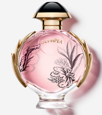 A bottle of OLYMPEA perfume with a pink liquid, a gold cap, and black botanical illustrations on the glass, set against a light gray background with a soft pink shadow.
