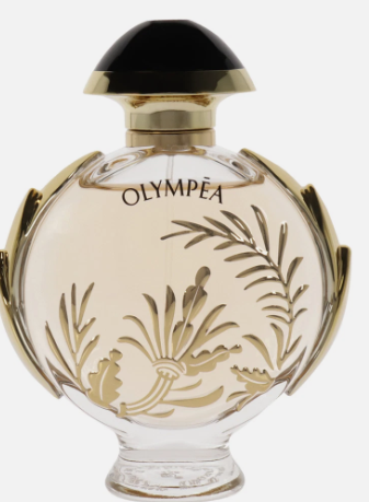 Olympéa perfume bottle with a clear glass body, gold botanical etched details, a gold cap, and a black top, shown on a light gray background.