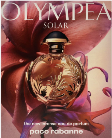 Olympea Solar perfume bottle by Paco Rabanne, featuring a round clear glass body with gold-toned floral detailing and a black cap, set against a dramatic pink flower background with large white 'OLYMPIEA SOLAR' text and smaller white product text at the bottom.