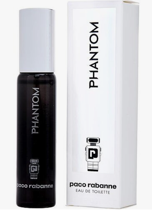 Paco Rabanne Phantom Eau de Toilette bottle in black with a silver cap, shown next to its white packaging box featuring the brand name PHANTOM.