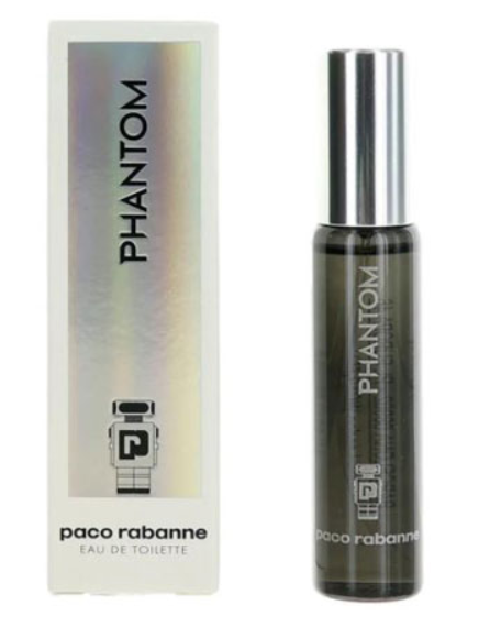Paco Rabanne Phantom Eau de Toilette bottle and its packaging box. The bottle is dark gray with a metallic silver cap, and the box features an iridescent silver-to-gold gradient background with black text.
