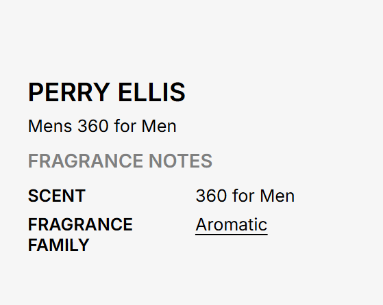 Text graphic for Perry Ellis Men's 360 for Men fragrance, showing scent and fragrance family notes on a light gray background.