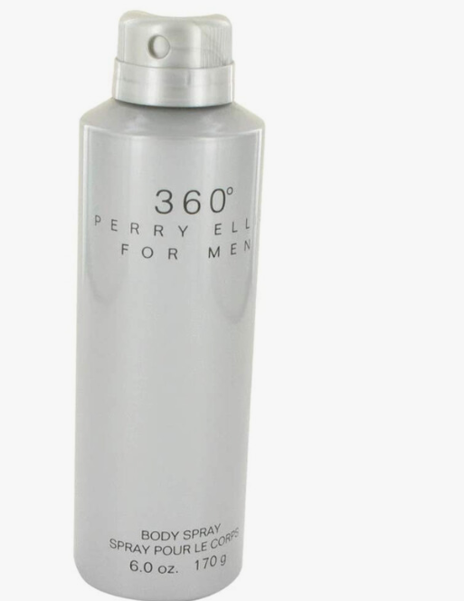 A silver aerosol can of Perry Ellis For Men 360° body spray, photographed against a plain white background.