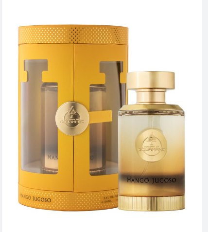 Mango Jugoso Eau de Toilette perfume bottle with a gold cap next to its yellow cylindrical packaging box, on a white background.