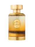 A bottle of Mango Jugoso perfume with a gold cap and base, featuring a gradient amber-to-golden liquid in a clear rectangular bottle, set against a plain white background.