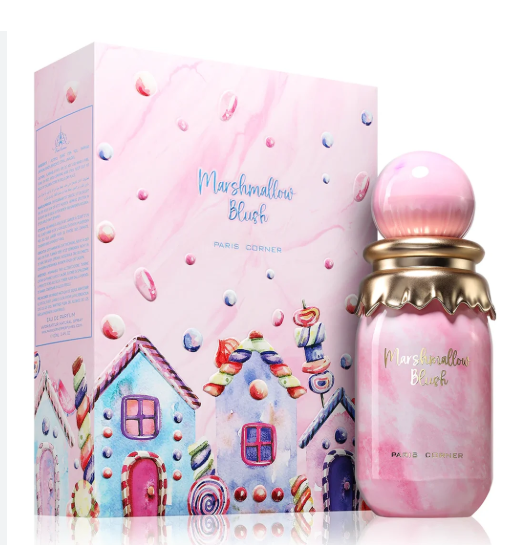 Marshmallow Blush perfume bottle and its matching pink packaging box by Paris Corner, decorated with a whimsical candy-themed illustration.