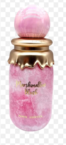 A pink marble-textured cosmetic jar with a gold metallic collar and a matching pink marble stopper, labeled 'Marshmallow Blush' by Paris Corner.