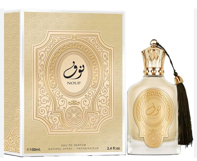 Nouf Eau de Parfum bottle and its matching decorative packaging box, both in a warm gold and beige color scheme with Arabic calligraphy and a black tassel accent.
