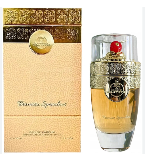 Tiramisu Speculoos Eau de Parfum shown with its ornate gold and beige box on the left and the clear glass perfume bottle with gold detailing on the right, both on a white background.