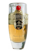 A bottle of Guling Thymus Special 10ml perfume with a clear glass body showing golden-yellow liquid, an ornate gold metal band, and a red cherry cap on a white background.
