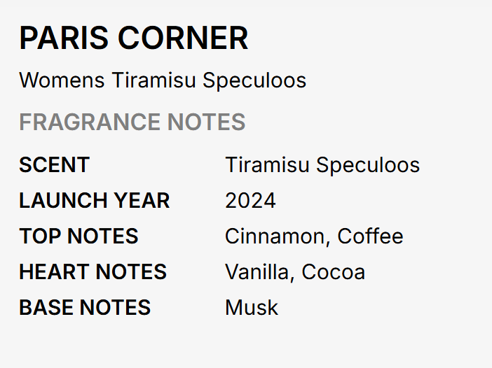 A text-based fragrance note card for Paris Corner Women's Tiramisu Speculoos, with black and gray text on a light gray background.
