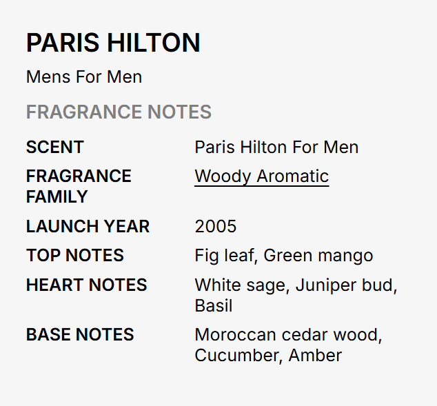 A text-based fragrance notes card for Paris Hilton Men For Men, detailing scent, fragrance family, launch year, top notes, heart notes, and base notes on a light gray background.