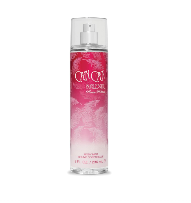 A bottle of Can Can Burlesque Body Mist with a pink tropical leaf design on a white background.