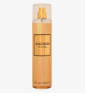 Gold Rush Paris Hilton perfume spray bottle with a gold glittery body, gold cap, and a gold label on a white background.