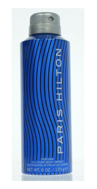 A blue cylindrical Paris Hilton All Over Body Spray can with a gray cap, featuring vertical blue wavy stripes and white text on a white background.
