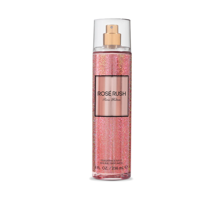 A bottle of Rose Rush body spray by Louis Vuitton, featuring a pink glittery liquid inside a clear cylindrical bottle with a gold spray nozzle and a pink label.