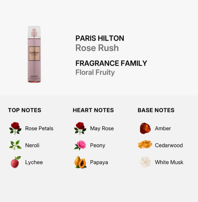 A fragrance product infographic for Paris Hilton Rose Rush from the Fragrance Family. The top section shows a light pink cylindrical spray bottle with a clear cap on a light gray background, alongside the text 'PARIS HILTON Rose Rush FRAGRANCE FAMILY Floral Fruity'.