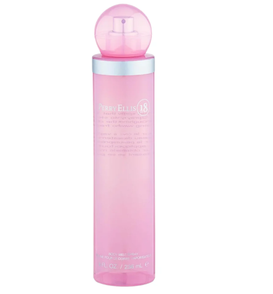 A pink bottle of Perry Ellis 18 with a matching pink cap, shown against a plain white background.