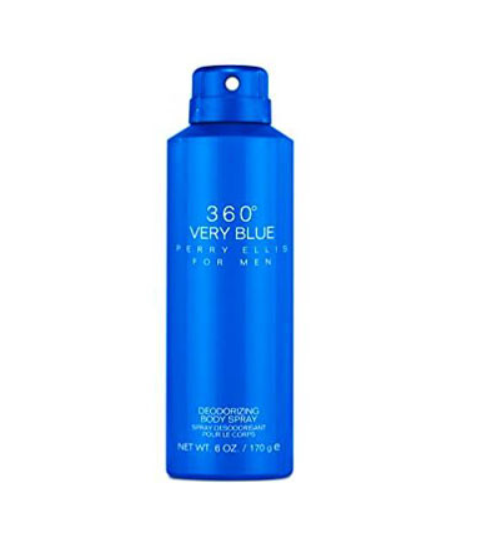 A blue aerosol can of Perry Ellis 360° Very Blue Deodorant Body Spray for men, shown against a plain white background.
