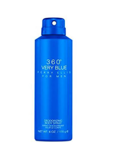 A blue aerosol can of Perry Ellis for Men 360° Very Blue Decodorizing Body Spray on a plain white background.