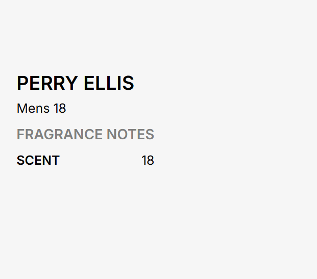 A minimalist white card with black and gray text reading 'PERRY ELLIS', 'Mens 18', 'FRAGRANCE NOTES', and 'SCENT 18'.