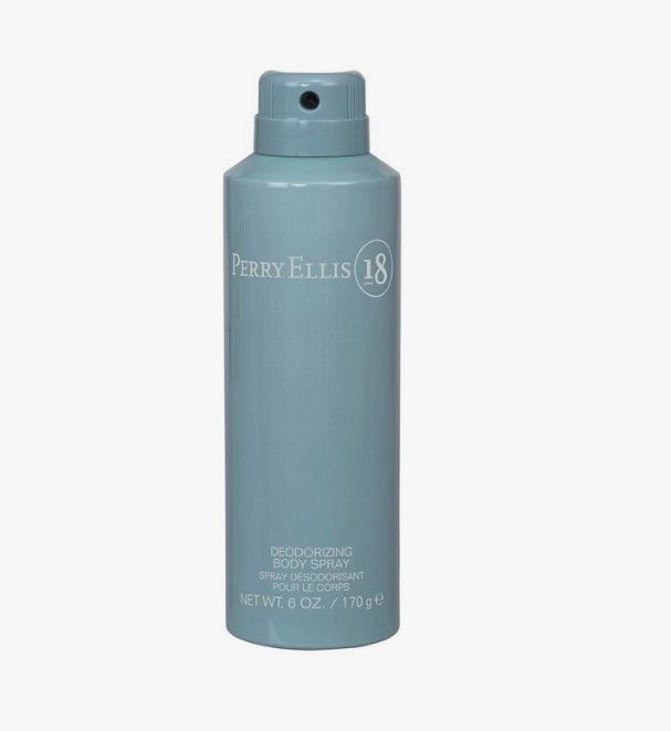 A light blue aerosol can of Perry Ellis 18 Deodorizing Body Spray on a plain white background.