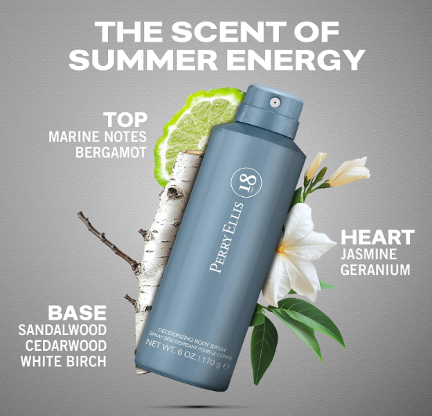 A bottle of Perry Ellis 18 deodorant body spray in a dusty blue-gray color, styled with a bergamot slice, birch bark, and white jasmine flowers on a gray background with scent text.