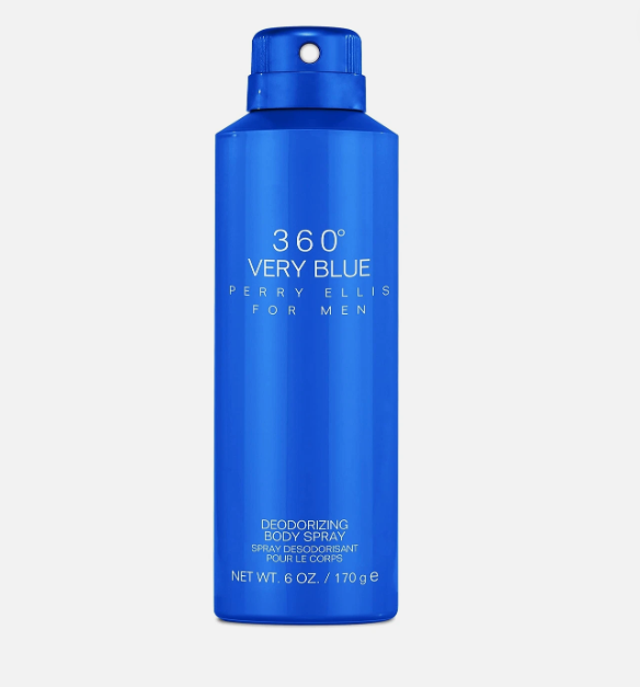 A blue aerosol can of Perry Ellis for Men 360° Very Blue Deodorizing Body Spray, shown against a light gray background.