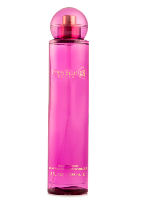A pink Perry Ellis 18 body spray bottle with a matching pink spherical cap and gold lettering, shown on a plain white background.