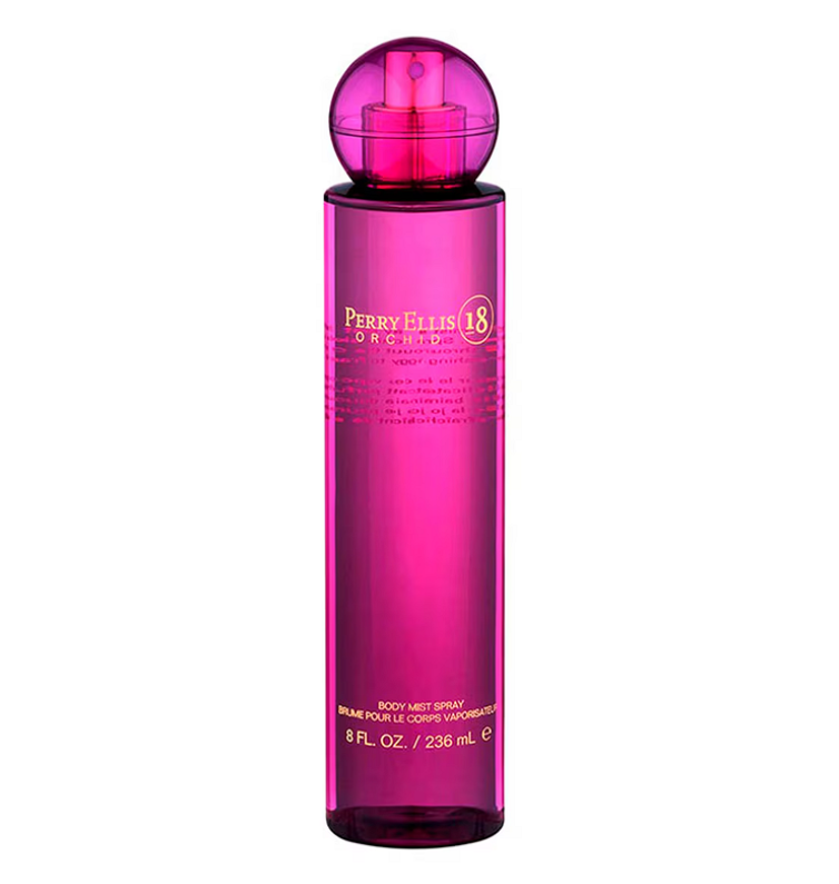 Perry Ellis 18 Body Mist in a vibrant magenta pink bottle with a matching spherical cap, shown against a plain white background.