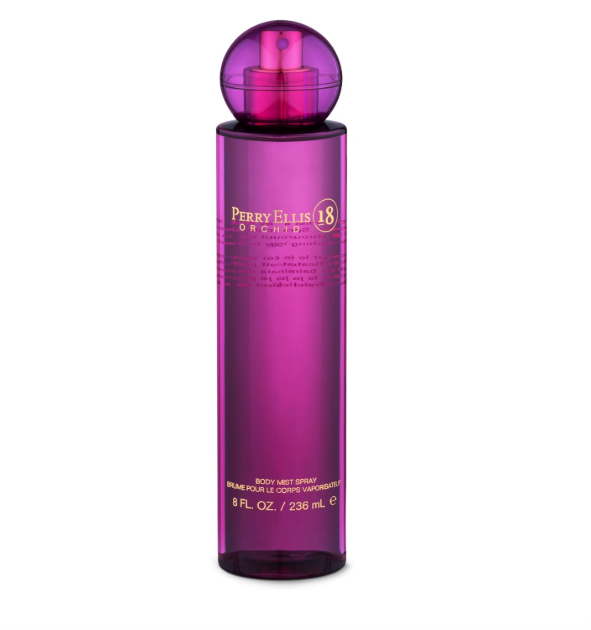 Perry Ellis 18 Orchid Body Mist Spray in a translucent purple bottle with a matching spherical cap, shown on a plain white background.