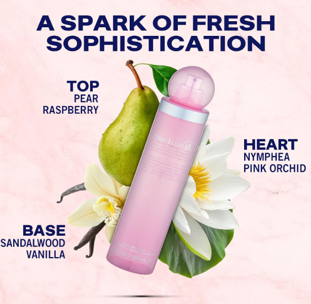 A pink cylindrical bottle of fragrance centered on a pale pink background, surrounded by a green pear, white flower, and vanilla bean. Large text reads 'A SPARK OF FRESH SOPHISTICATION' with scent notes 'TOP PEAR RASPBERRY,' 'BASE SANDALWOOD VANILLA,' and 'HEART NYPHEA PINK ORCHID.