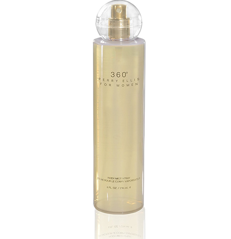 A bottle of Perry Ellis 360 Women body mist spray, featuring a clear spherical cap set against a plain white background with a soft reflection below.