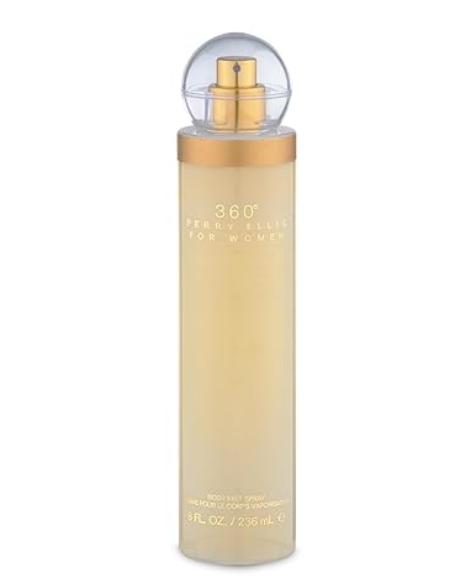 A bottle of Perry Ellis 360 Women body spray in a pale gold tone with a gold collar and a clear spherical cap, shown on a plain white background.