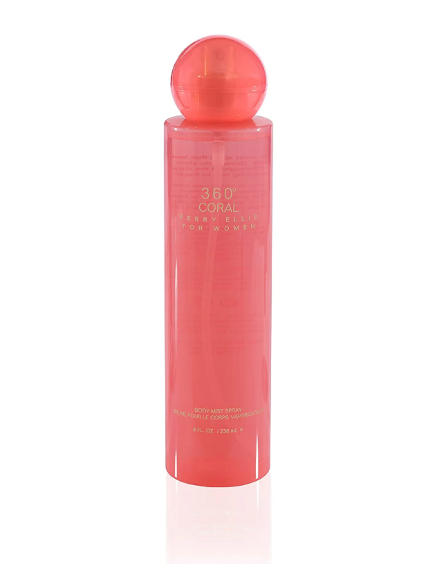 A tall, cylindrical pink bottle with a spherical cap, labeled '360 Coral' and 'Perry Ellis For Women', on a white background with a soft reflection.