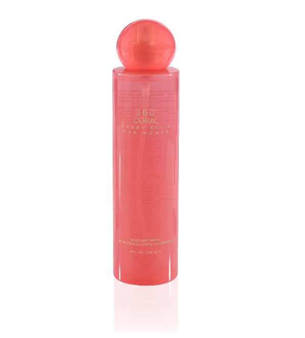 A translucent coral pink bottle of 360 Coral Body Spray with a matching spherical cap, shown on a white background with a soft reflection.