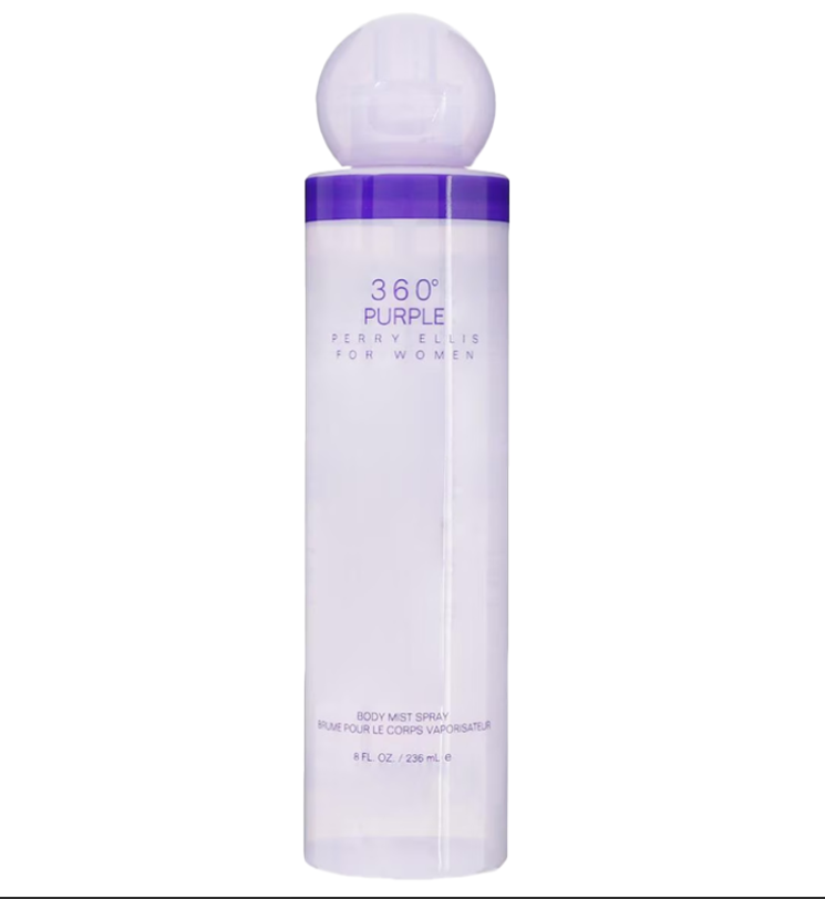 Perry Ellis 360 Purple Body Mist fragrance – Fresh Floral Fruity, top notes bright citrus and juicy fruity accords, heart delicate violet and soft jasmine, base soft musks and light woody warmth