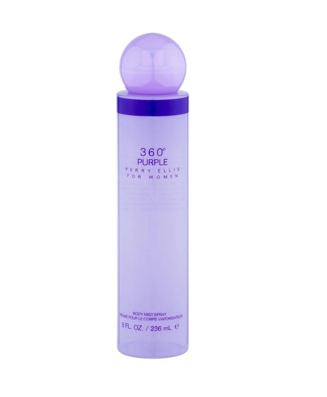 Perry Ellis 360 Purple Body Mist for Women 8.0 fl oz 236ml – body mist bottle on white background, fresh feminine floral fruity fragrance by Perry Ellis
