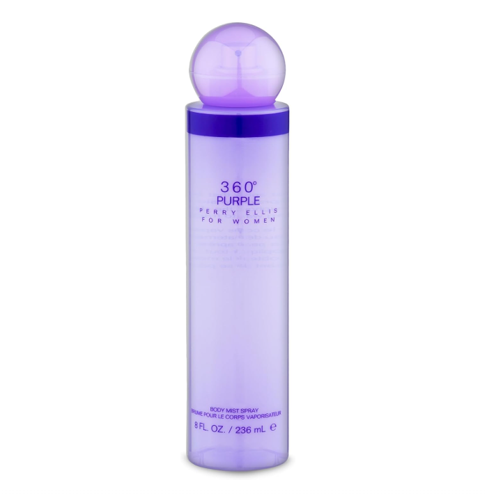 Perry Ellis 360 Purple Body Mist for Women 8.0 fl oz 236ml – single bottle on white background, fresh floral fruity feminine fragrance mist