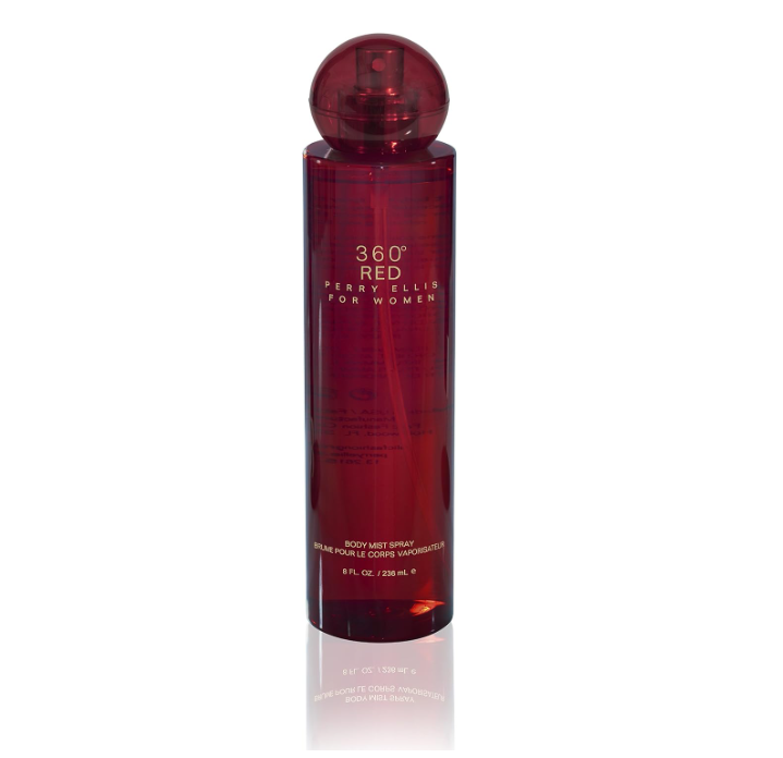 A bottle of 360° Red Body Spray for women, featuring a translucent dark red cylindrical bottle and a matching spherical cap, set against a plain white background with a soft reflection below.
