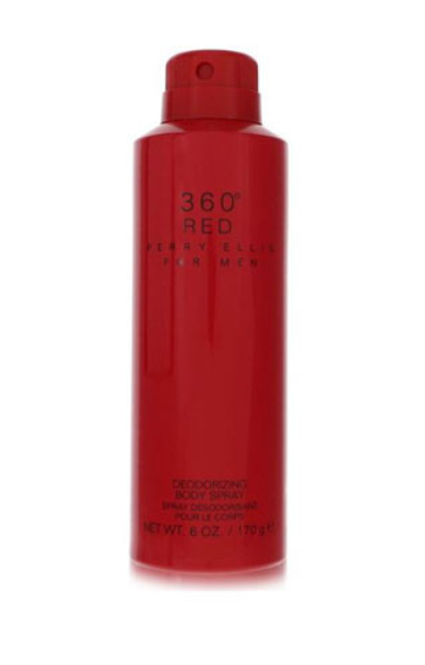A red aerosol can of 360 Degrees Red Deodorizing Body Spray for men, shown against a plain white background.