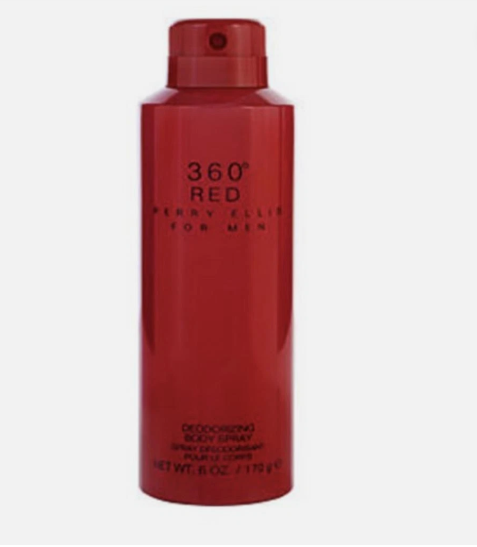A red aerosol can of Perry Ellis for Men 360 Red Deodorizing Spray on a light gray background.