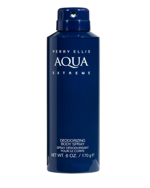 A navy blue aerosol can of Perry Ellis Aqua Extreme Deodorizing Body Spray on a plain white background.