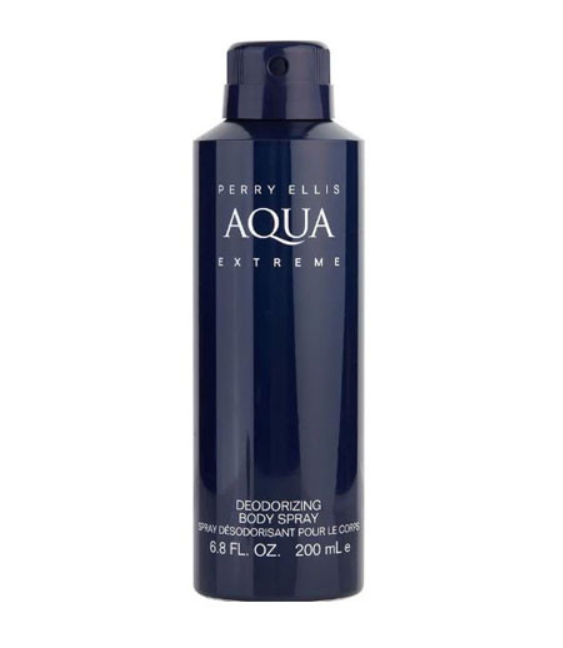 A navy blue aerosol can of Perry Ellis Aqua Extreme Deodorizing Body Spray on a plain white background.