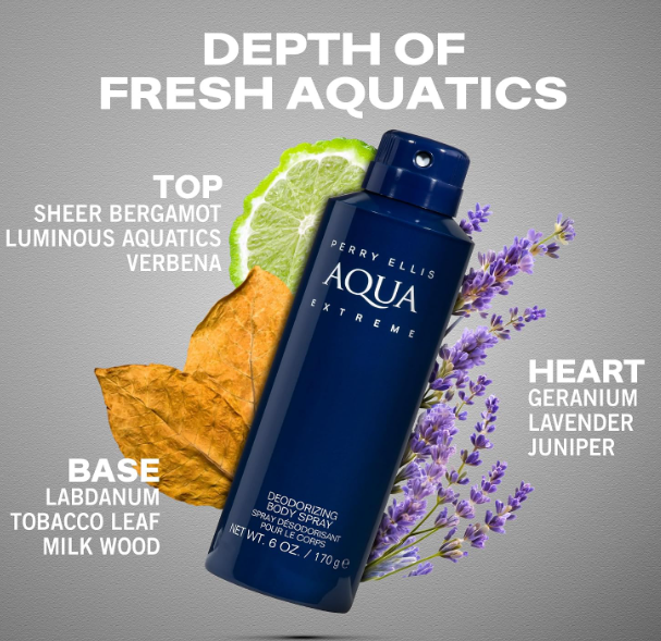 A bottle of Perry Ellis Aqua Extreme deodorant body spray shown on a gray background with ingredient text and decorative citrus, leaves, and lavender flowers.